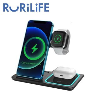 スマホ 充電器 ワイヤレス RURILIFE 3in1 (三機種同時充電) 折りたたみ式 角度調整可能 ワイヤレス充電器 置くだけ ワイヤレス 置くだけ充電器 スマホスタンド アンドロイド スマートフォン 黒 Qi規格 iphone iphone12 iphone13 iphone14 pro Max